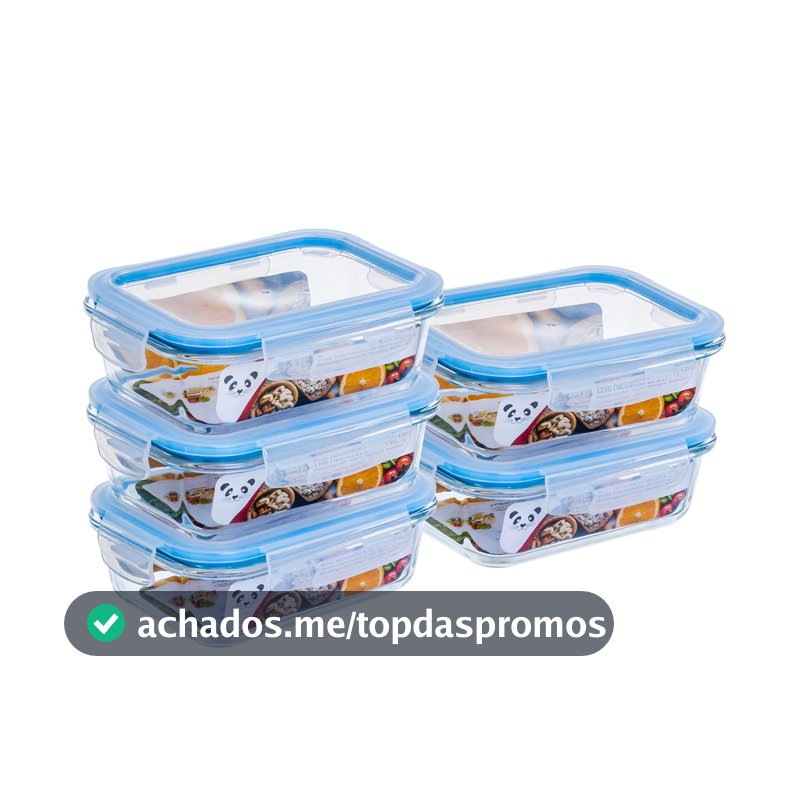 Kit com 5 Potes de Vidro Gato Panda, 640 ml, Retangular, com Tampa Hermética, Azul