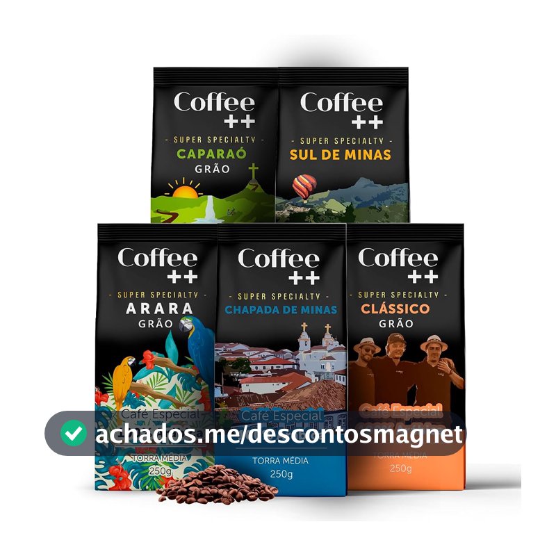 Kit 5 Pacotes Café Especial em Grãos Coffee Mais Variedades: Arara, Sul de Minas, Caparaó, Chapada de Minas e Clássico - 100% Arábica (5x250g)