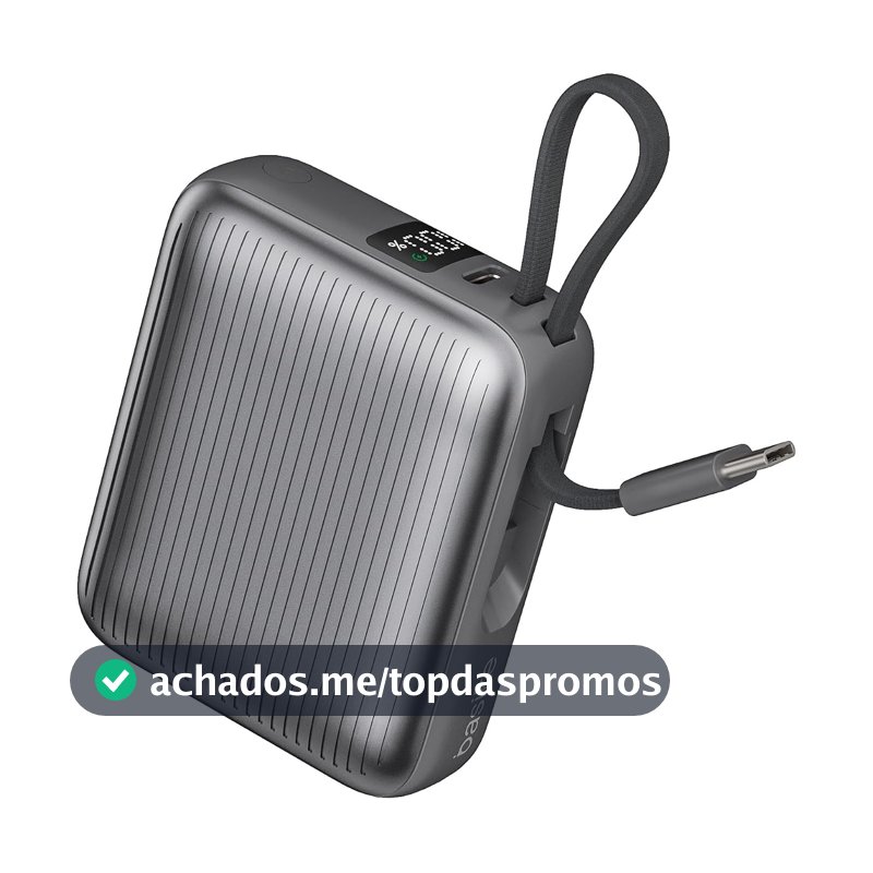 Basike Power Bank 10000mAh 35W, Cabo Tipo-C Integrado, Compacto, Cinza