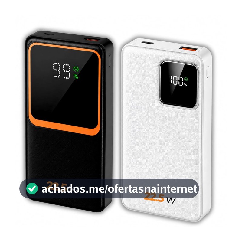 Carregador Portátil (Power Bank) 20000Mah Turbo 22.5w Carregamento Ultra Rápido PD Visor Led com 2 Saídas Compatível com Android e IOS (Preto ou Branco)