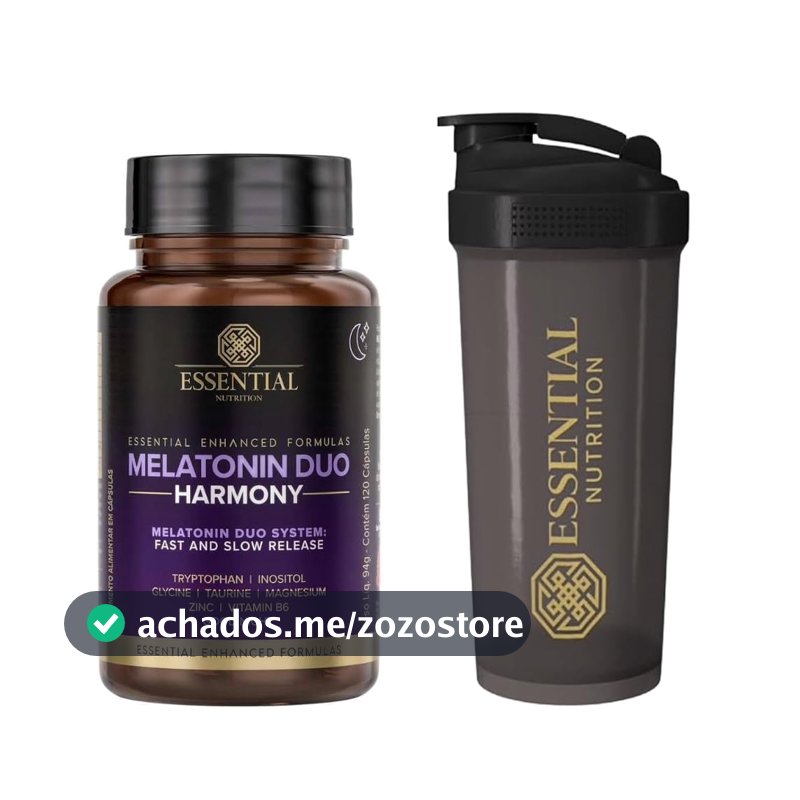 Combo Essential Nutrition - Melatonina Duo Harmony - 120 Cápsulas cada (Fórmula c/Triptofano, Vitamina B6, Zinco, Magnésio, Taurina, Inositol) + Coqueteleira