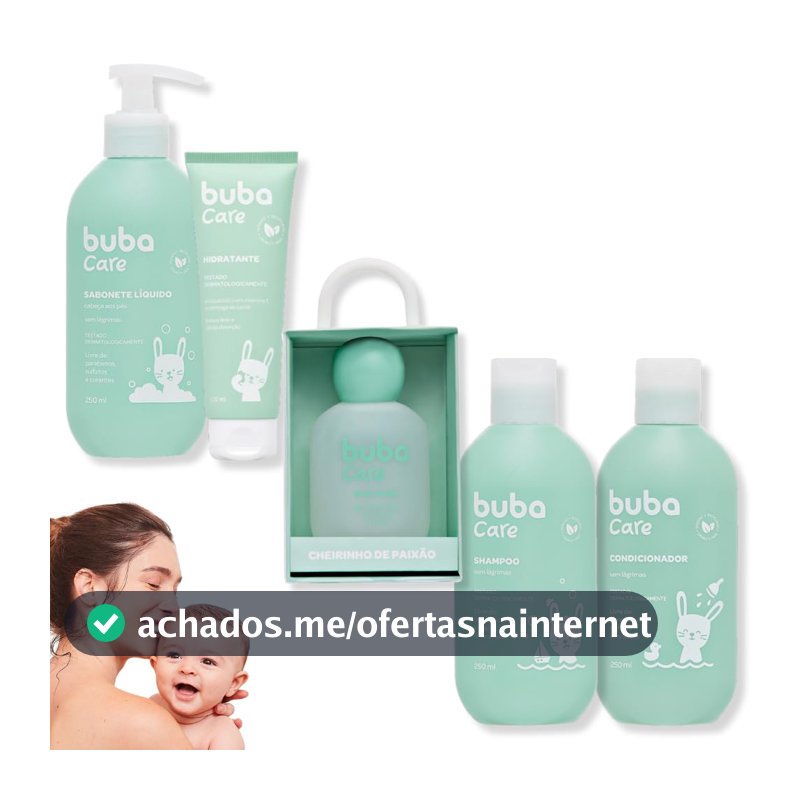 Kit Shampoo, Condicionador, Sabonete Líquido, Hidratante e água de colônia Bebê Criança Buba Care