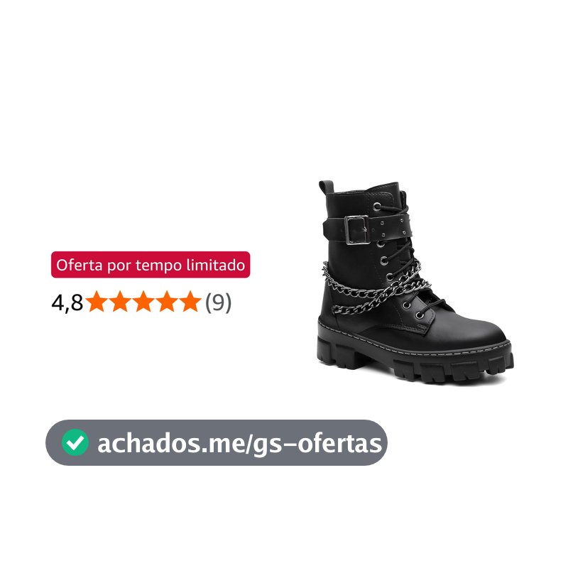 Bota Coturno Feminina Preta com Correntes, Cano Alto, Sola Tratorada, Couro Sintético, Estilo Urbano, Fecho com Zíper Lateral, Design Moderno e Atitude