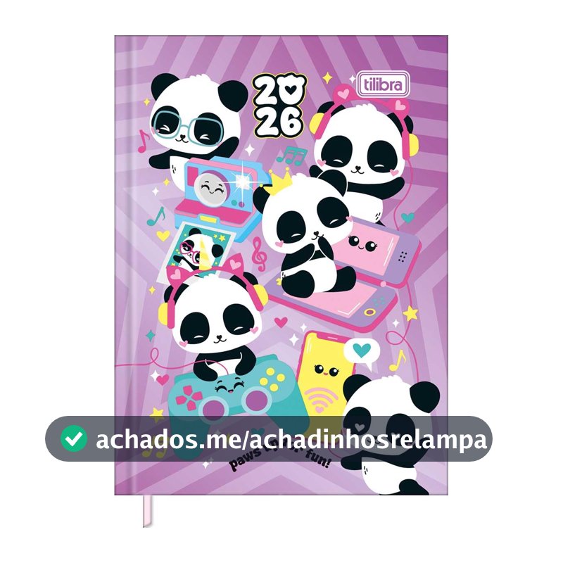 Tilibra - Agenda Costurada Mini 7,8 x 10,8 cm Lovely Friend 2026 - Pandas - Fundo Roxo Vídeogame