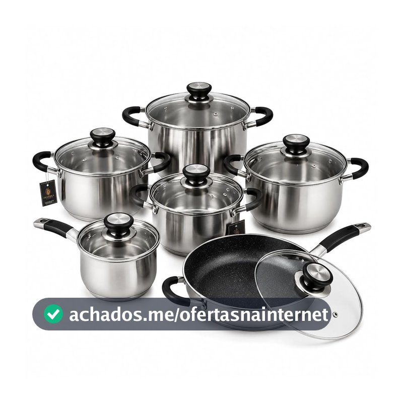 Jogo de Panelas Inox 12 Peças Fundo Triplo Compatível Indução Frigideira Cerâmica Kit Completo Premium