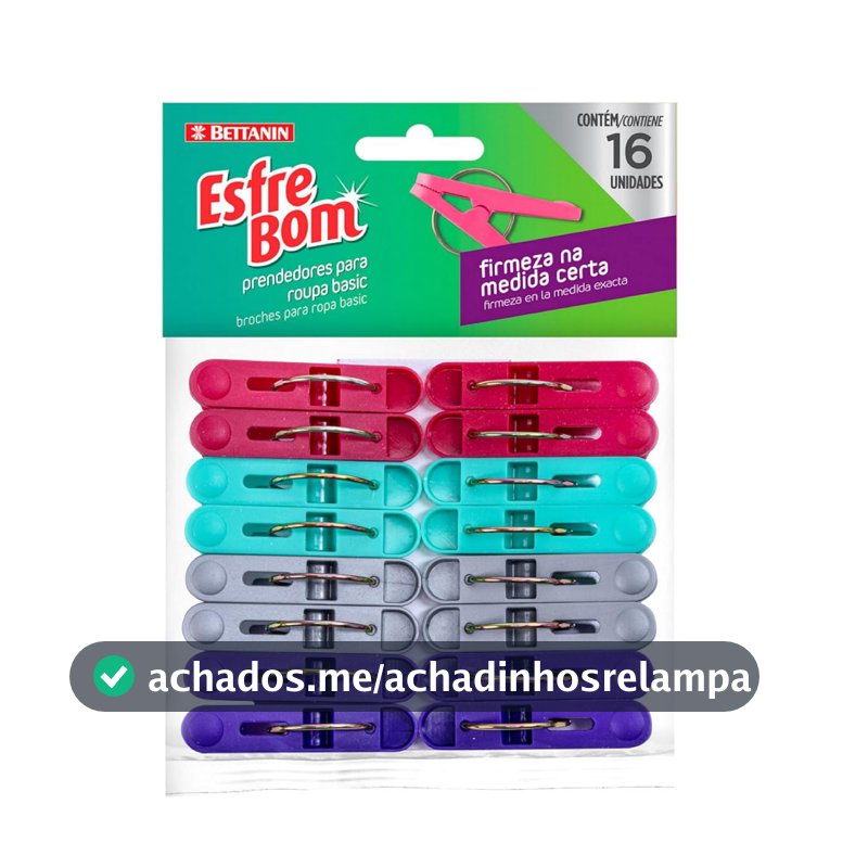 EsfreBom - Prendedor Plástico Basic, Embalagem com 16 Unidades, Cores Rosa, Tifanny, Cinza e Roxo, Bettanin