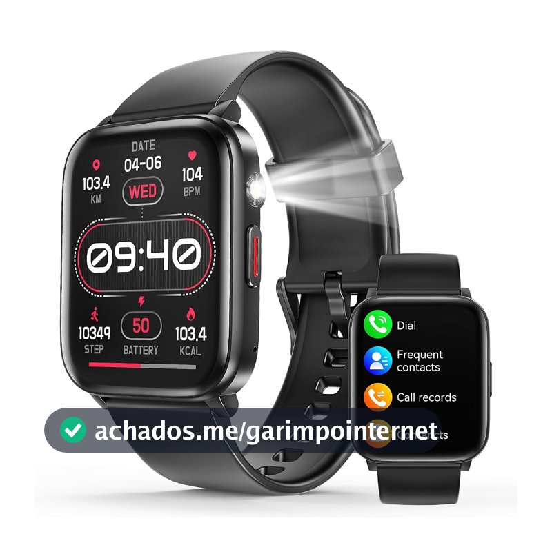 Smartwatch com Tela Sensível ao Toque 1,83", Bluetooth 5.2, Resistente à Água IP68, Bateria 240mAh, Preto