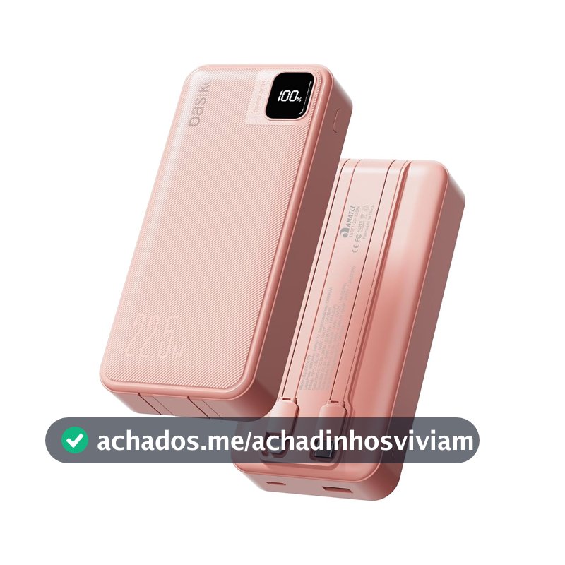 Basike Power Bank 20000mAh Carregamento Rápido 2 Cabos Integrados Rosa