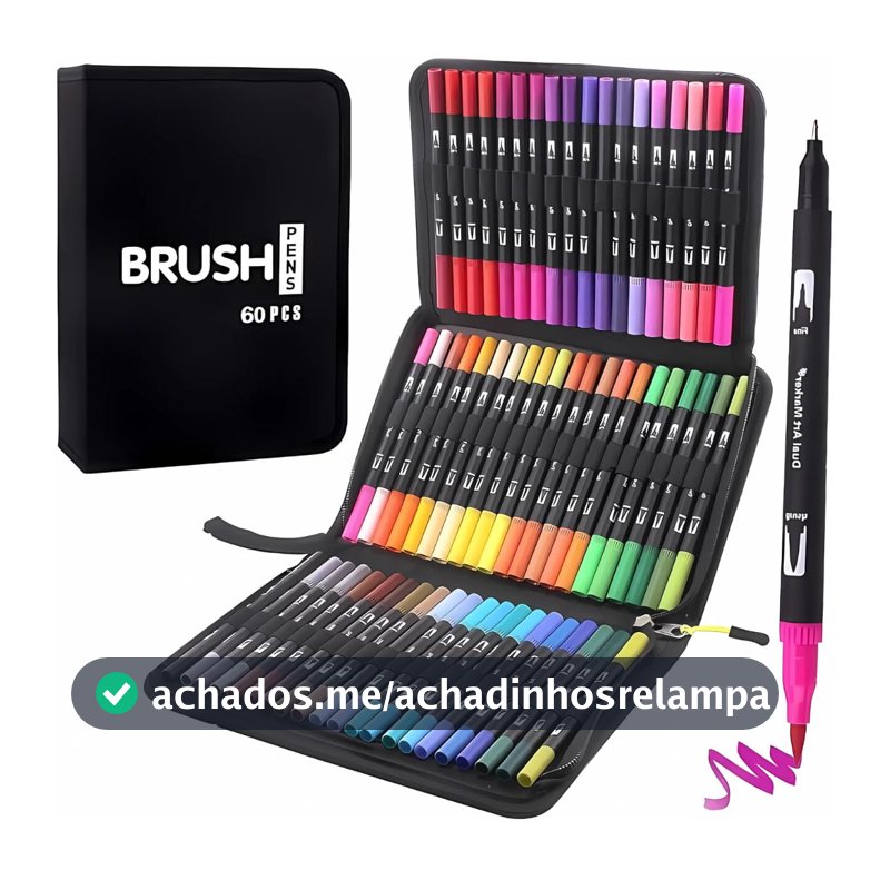 Canetas Brush Pen 60 Cores Ponta Dupla Fina 0 4mm e Pincel Base Água