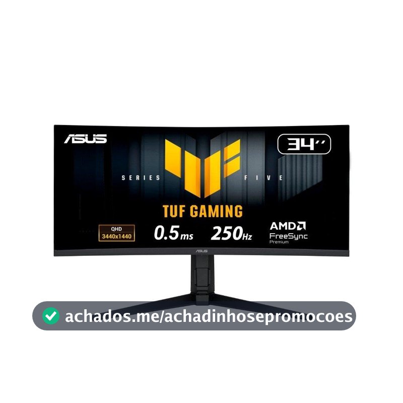 Monitor Gamer Curvo ASUS TUF 34"", WQHD, 250Hz, 0.5ms, Fast VA, FreeSync Premium, Altura Ajustável, Som Integrado, Preto - VG34WQML5A