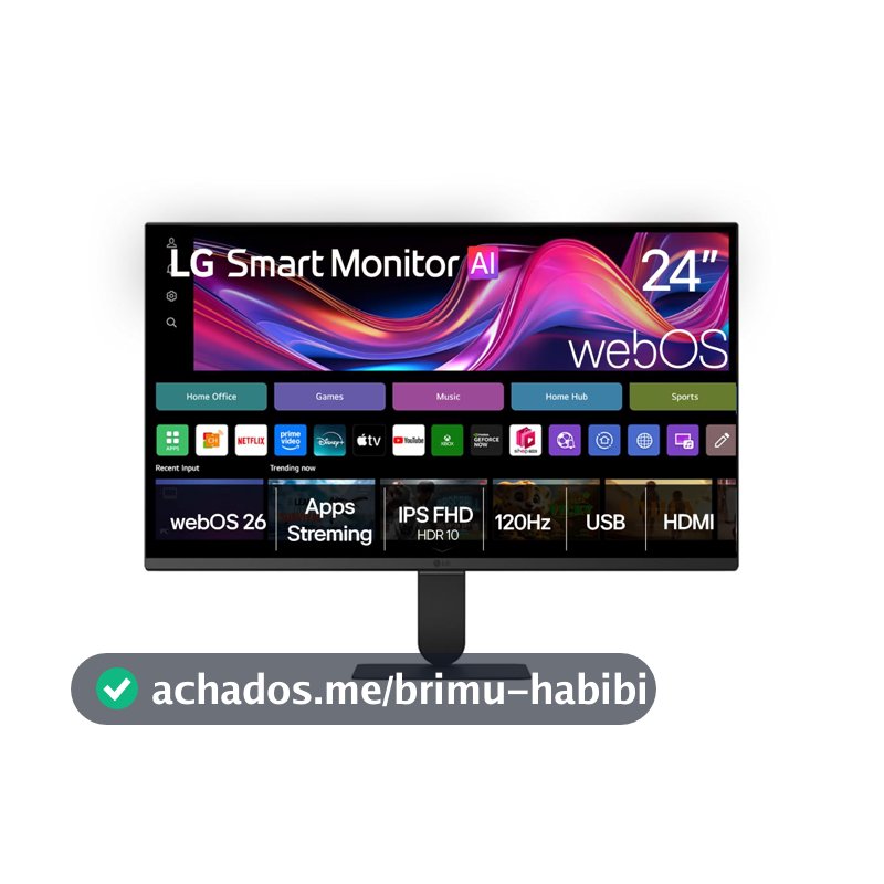 Monitor LG Smart, Tela IPS de 24”, FHD, WebOS 26, HDR10, ThinQ, Wi-fi, AirPlay, Bluetooth, 5ms (GtG), 120Hz, 2X USB, 2X HDMI, Preto- 24U511SB