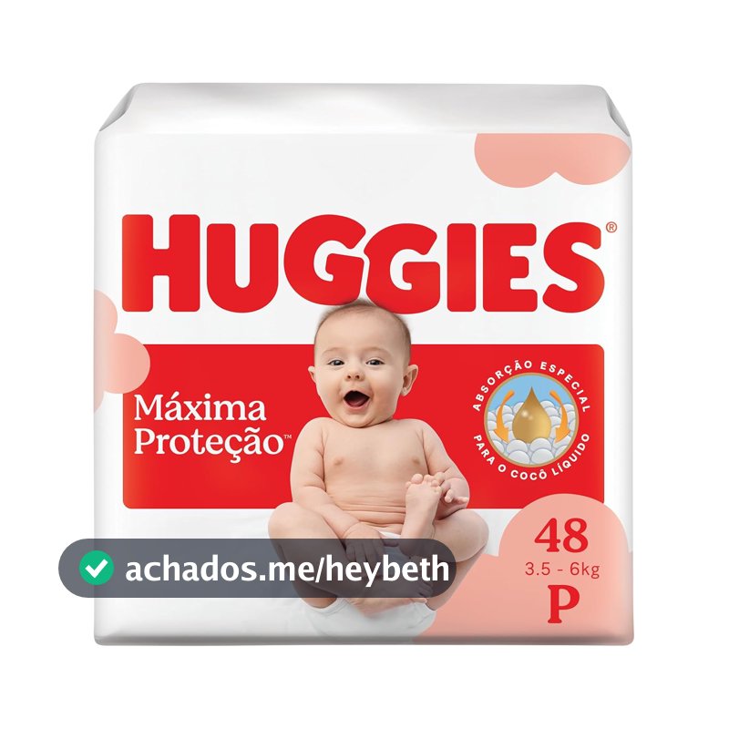 Fralda Descartável Huggies Máxima Proteção Tamanho P 48 unidades – com absorção especial para cocô líquido e indicador de troca.