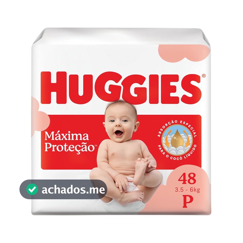 Fralda Descartável Huggies Máxima Proteção Tamanho P 48 unidades – com absorção especial para cocô líquido e indicador de troca.