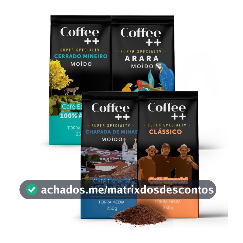 Kit 4 Pacotes Café Especial Torrado e Moído Coffee Mais Variedades: Cerrado Mineiro, Arara, Chapada de Minas e Clássico - 100% Arábica (4x250g)