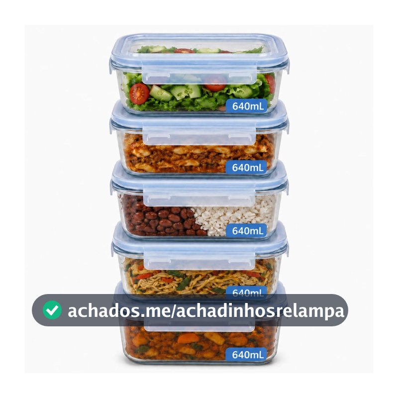 Kit 5 Potes de Vidro Borossilicato 640ml Herméticos com 4 Travas Ideal para Marmitas e Conservação de Alimentos, Vedação Total, Refratário para Forno e Freezer
