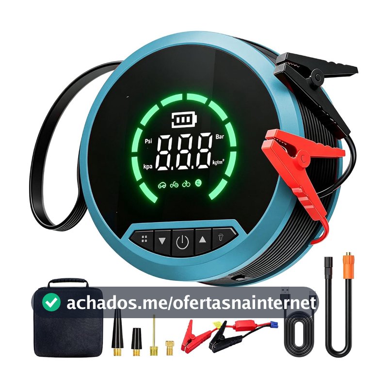 Compressor de ar Portatil Automotivo, Auxiliar De Partida e Calibrador de Pneu 2 em 1, PowerBank 10000mAh, Lanterna LED e Vários para Carros, Motos e Bicicletas