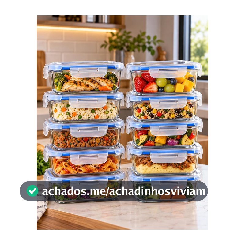Kit 10 Potes Herméticos de Vidro 640ml com Tampa 4 Travas e Anel de Vedação, Potes para Alimentos, Marmitas, Refeições e Organização de Geladeira