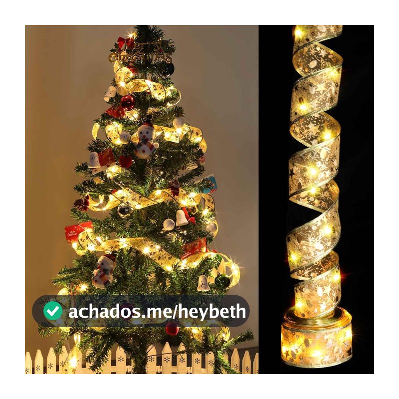 HINOOR Fita de árvore de Natal de 9,8 m com 100 luzes LED, fita dourada com fio para árvore de Natal com bateria e alimentada por USB, 8 modos de iluminação, decorações de árvore de Natal, luzes de