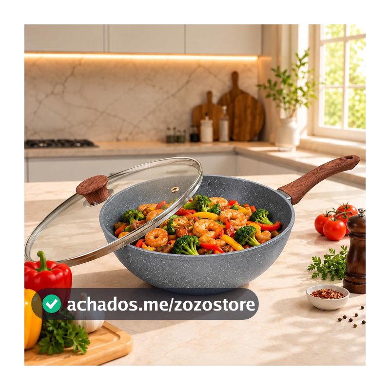 Frigideira Grande Wok Cerâmica Granito Antiaderente 28 cm Com Tampa de Vidro Para Indução e Gás