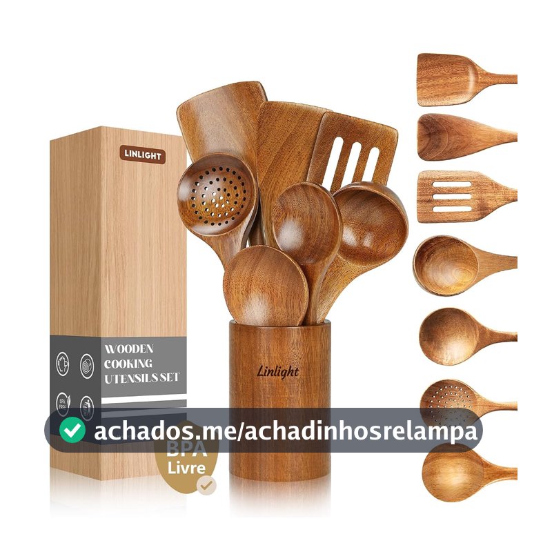 Kit 8 Colher de Pau Jogo de Utensílios Madeira Premium