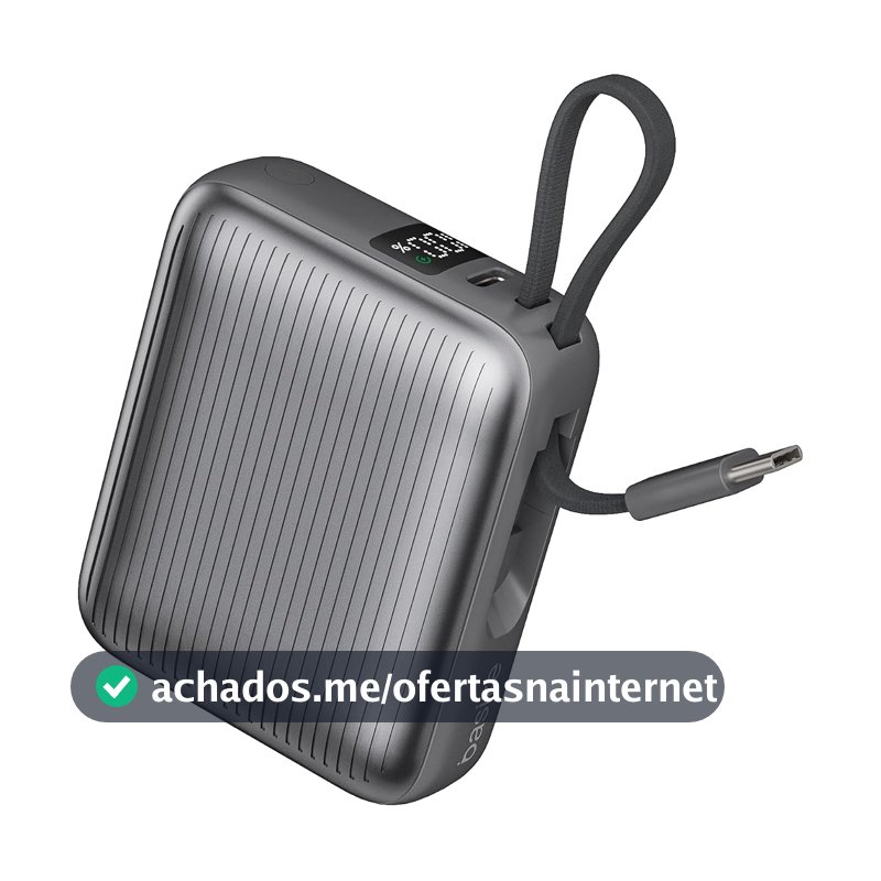 Basike Power Bank 10000mAh 35W, Cabo Tipo-C Integrado, Compacto, Cinza