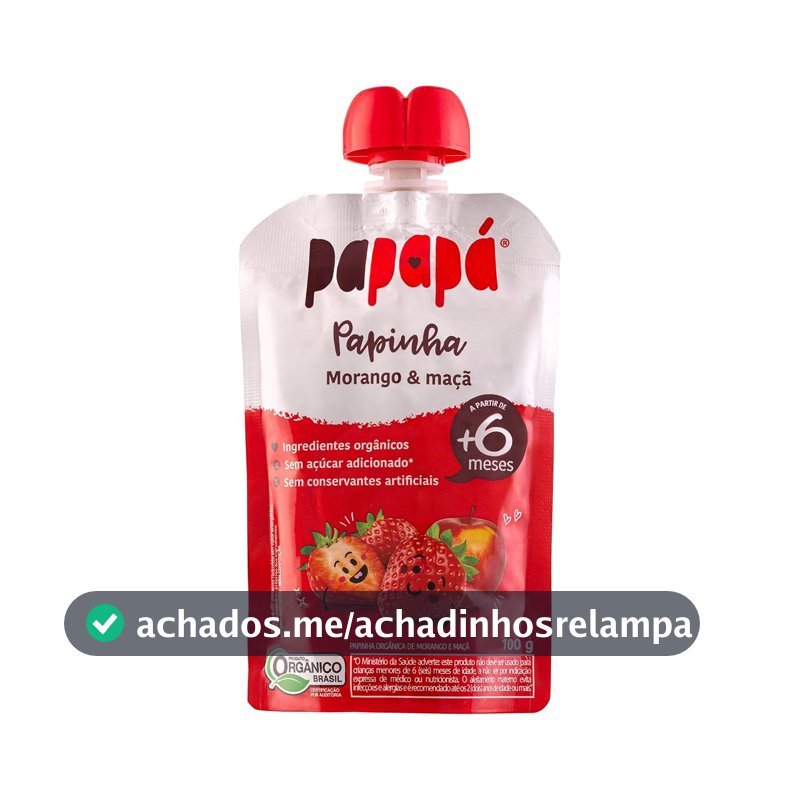 Papapá, Papinha Orgânica de Frutas, Sabor Morango e Maçã, 100g, Sem Açúcar Adicionado, Ingredientes Naturais