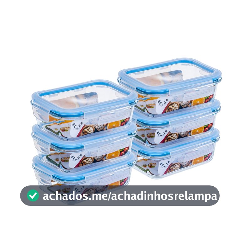 Kit com 6 Potes de Vidro Gato Panda, 640 ml, Retangular, com Tampa Hermética, Azul