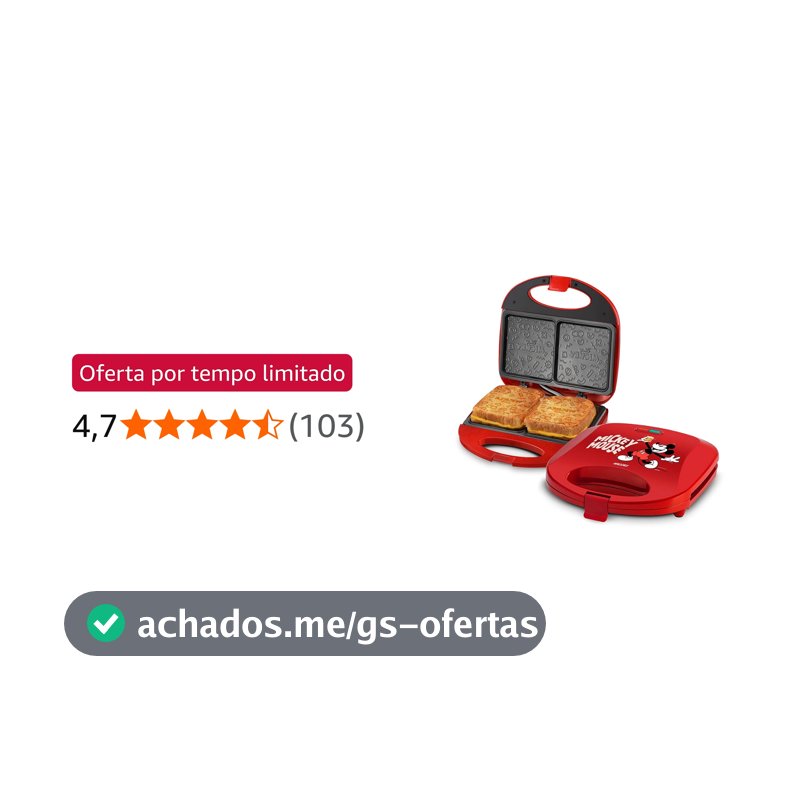 Sanduicheira Elétrica Mallory Mickey Mouse Funny Plates – Placas com Design, Superfície Antiaderente, Luzes LED, Alça com Toque Frio e Trava de Segurança - 220V