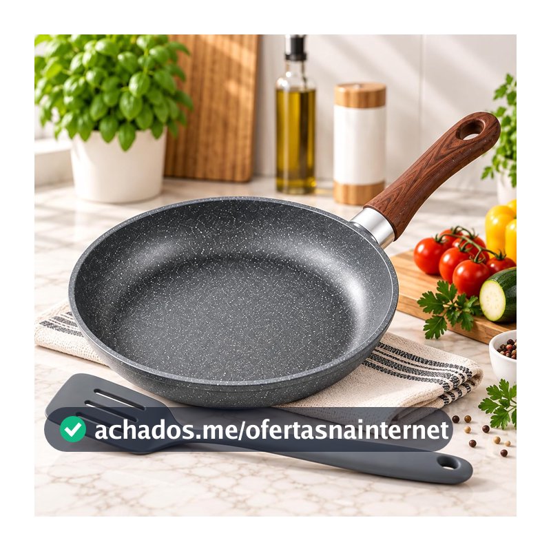 Frigideira Grande Cerâmica para Indução Cabo Madeira + Espátula de Silicone