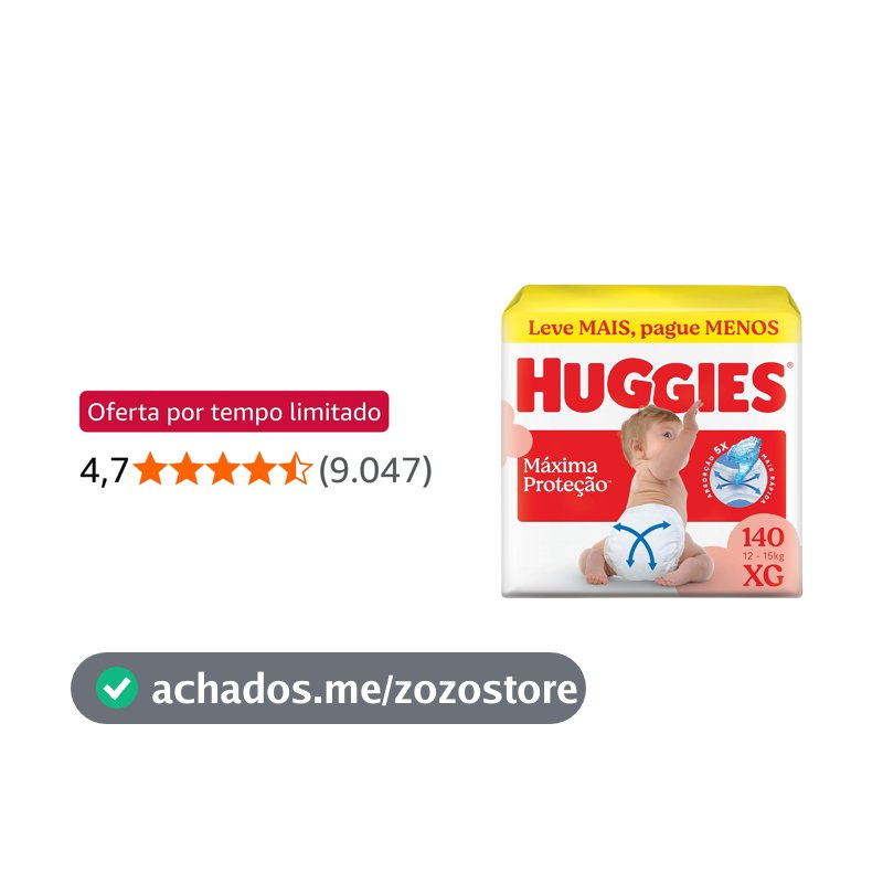 Fralda Descartável Huggies Máxima Proteção Tamanho XG 140 unidades – aberta com tecnologia Xtra-Flex, canais em X que se adaptam aos movimentos e máxima proteção
