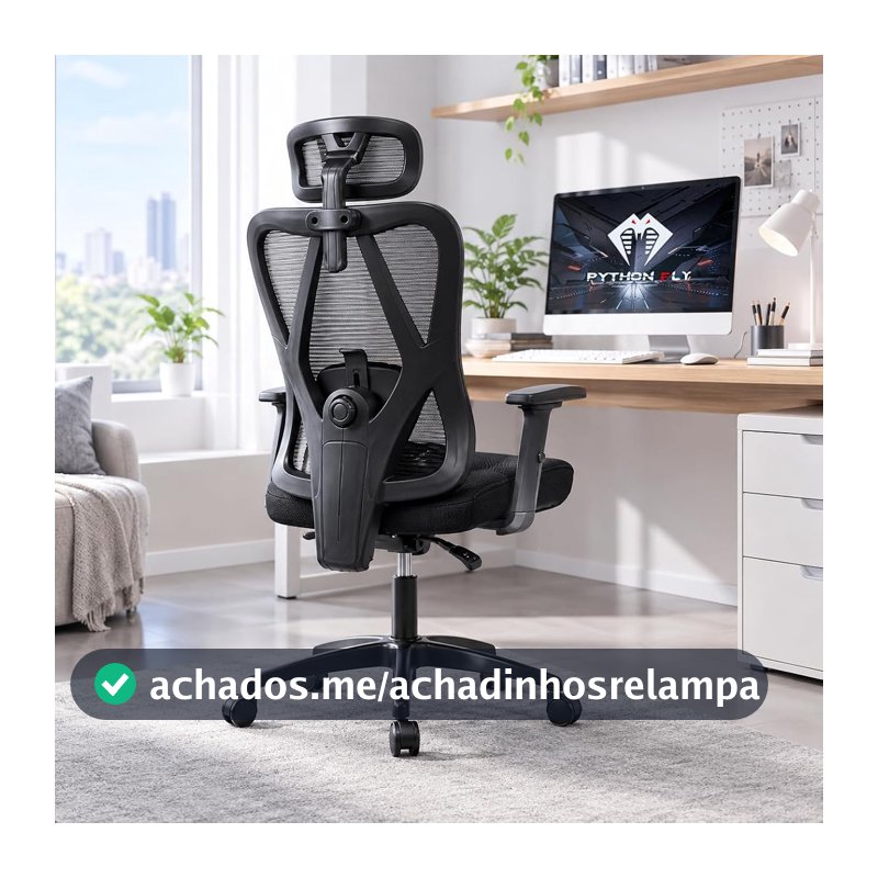 Cadeira de escritório com design ergonômico, apoio de braços 2D ajustável, malha respirável e mecanismo de inclinação, Python Fly – Modelo 2, Preto