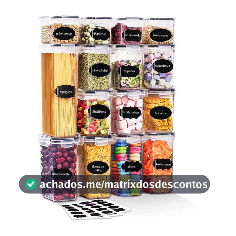 Kit 15 Potes Herméticos para Mantimentos — Organizadores de Cozinha Empilháveis, Livre de BPA, Tampa com Trava Lateral e Vedação em Silicone, 4 Tamanhos (0,8L a 2,8L) + Etiquetas e Caneta