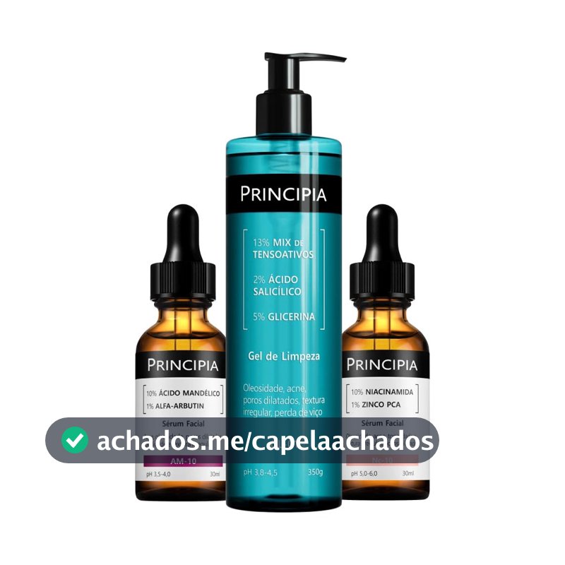 Kit Principia Anti-Acne Trio com um gel de limpeza com 2% de ácido salicílico e 5% de glicerina, um sérum com 10% de Niacinamida e um sérum com 10% de Ácido Mandélico + Alfa-arbutin