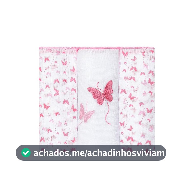 Fralda Pano de Bebê Papizinha Bordada e Estampada 63 cm x 63 cm Pacote com 3 Unidades, Borboletas