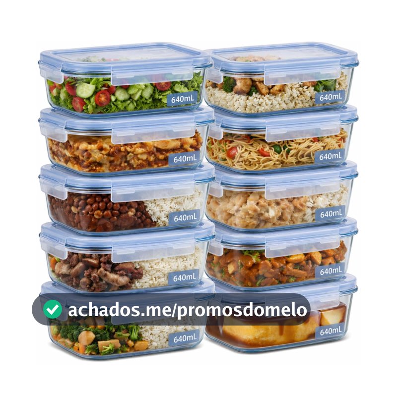 Kit 10 Potes de Vidro Borossilicato 640ml Herméticos com 4 Travas Ideal para Marmitas e Conservação de Alimentos, Vedação Total, Refratário para Forno e Freezer