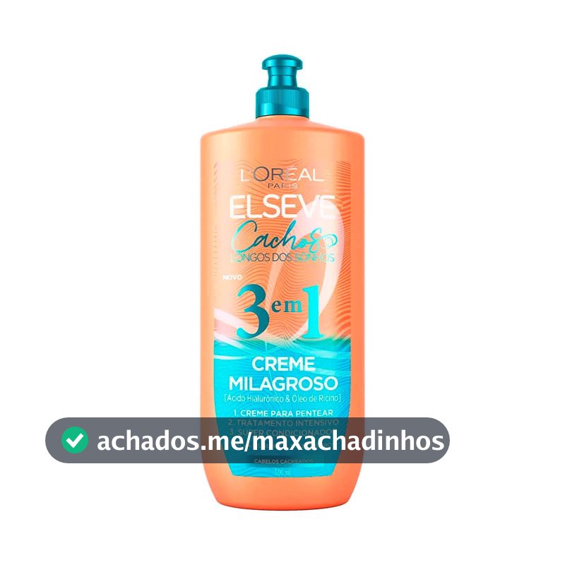 L'Oréal Paris Elseve Creme para Pentear Milagroso 3 Em 1 Cachos Longos Dos Sonhos, com Ácido Hialurônico e Óleo de Rícino, 500ml