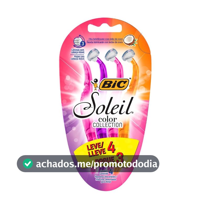 BIC Aparelho De Depilar Soleil Rosa Roxo E Laranja Leve 4 Pague 3 - 930183 - Dupla Fita Lubrificante Com Leite De Coco