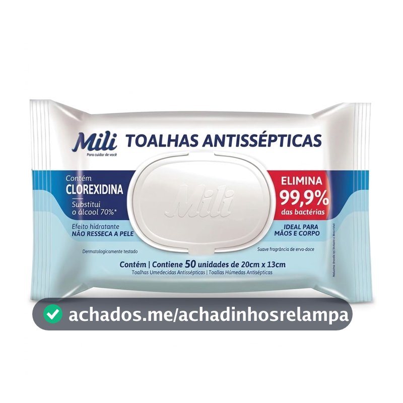 Mili Toalhas Umedecidas Antissépticas, Higienização de Mãos e Corpo, Elimina 99,9% das Bactérias, 50 Unidades