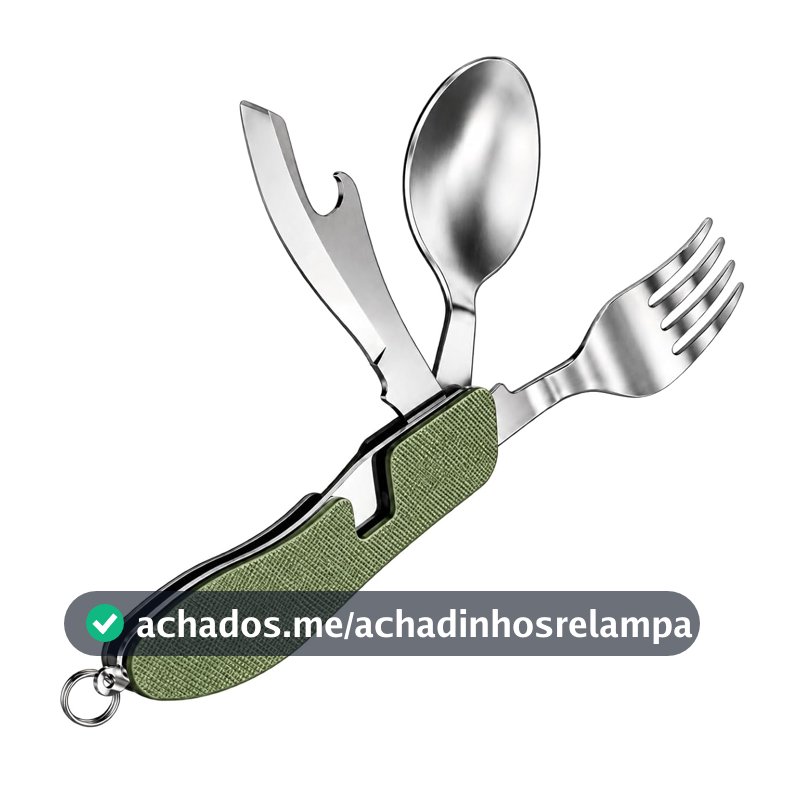 Talher Multifuncional 4 em 1 Aço Inoxidável para Camping, Trilhas e Viagens – Colher, Garfo, Faca e Abridor Portátil Compacto e Resistente