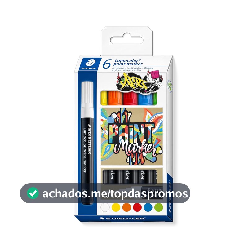 STAEDTLER Marcador Acrílico Lumocolor 6 Unidades 6 Cores Sortidas - 349 C6 - Tinta Permanente à Base de Água, Para Superfícies Escuras, Secagem Rápida, Ponta Arredondada 2,4mm