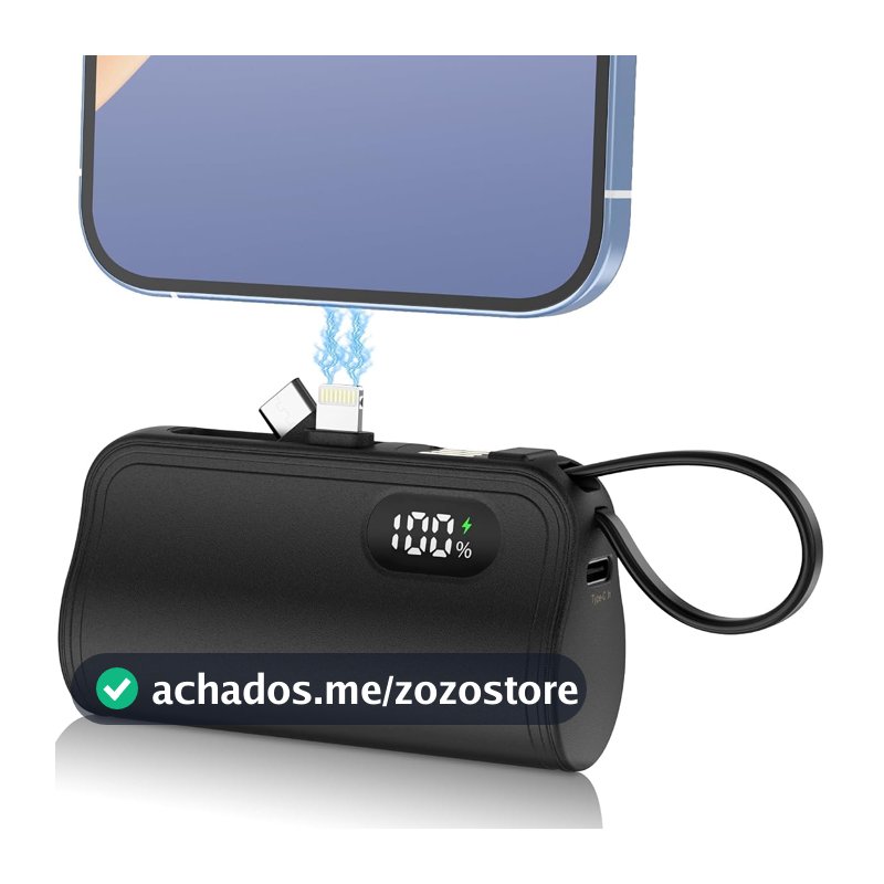 Carregador Portátil Mini 5000mAh - Power Bank Compacto com Display LCD e Saída USB-C para iPhone, Samsung e Android