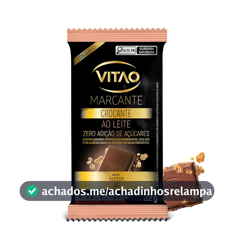 VITAO Chocolate ao Leite com Cereais Zero Açúcar 22g – Sem Glúten, Textura Cremosa e Crocante