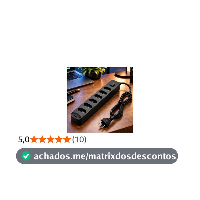 Filtro de Linha 6 Tomadas com Interruptor Liga e Desliga, Régua Extensão Elétrica Preta com Cabo, Adaptador Multiplicador de Tomadas para Casa, Escritório, TV, Computador e Eletrônicos