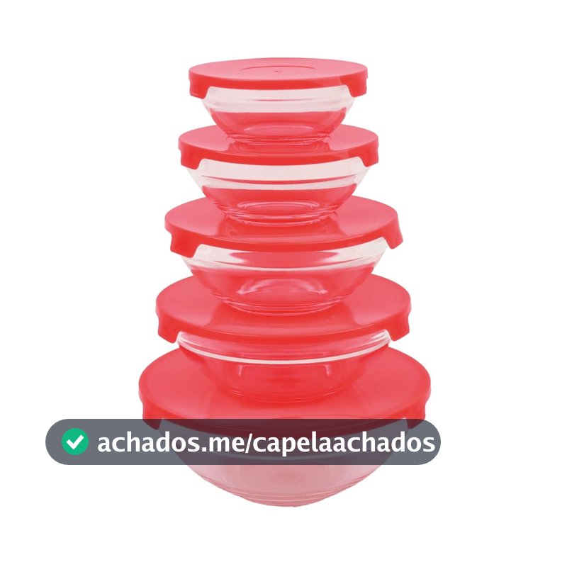 Conjunto de 5 Potes de Vidro bowl com Tampa Vermelha Hermética, 140ml, 230ml, 380ml, 500ml e 930ml, Empilháveis, Livre de BPA