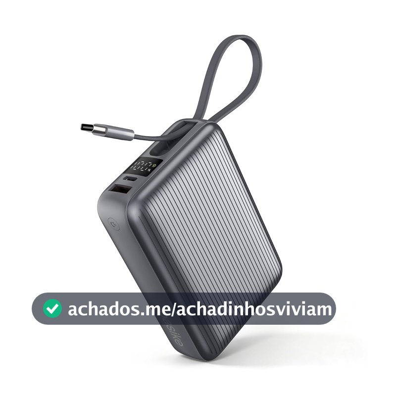 Basike Power Bank 20000mAh 45W, Cabo USB-C Integrado, Compacto, Cinza