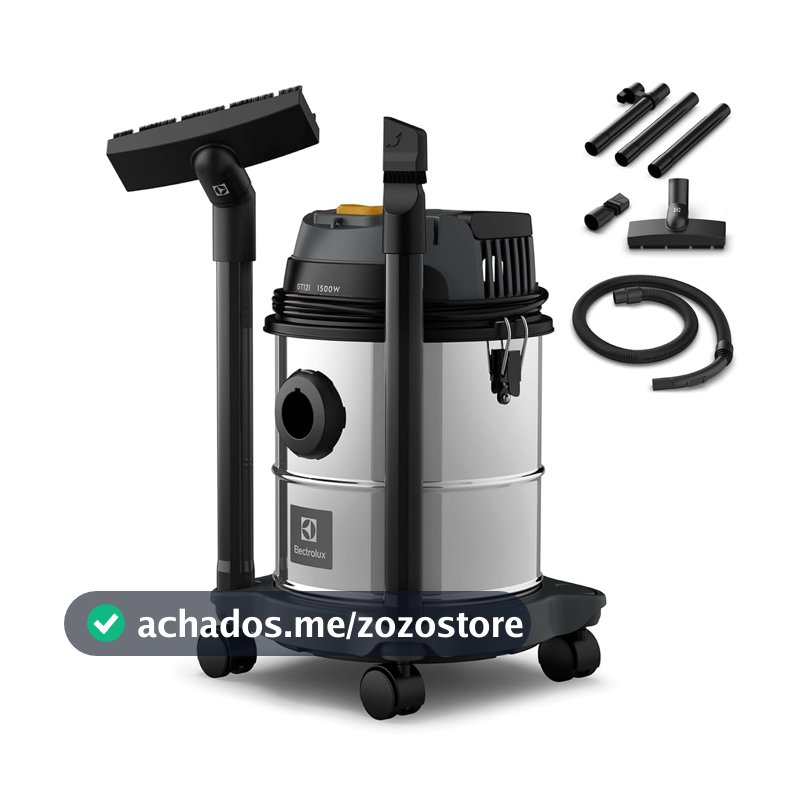 Aspirador água pó Electrolux função sopro compacto liquidos quimicos inox 1500W 12L total 8,5L util protetor termico GT12i 220v