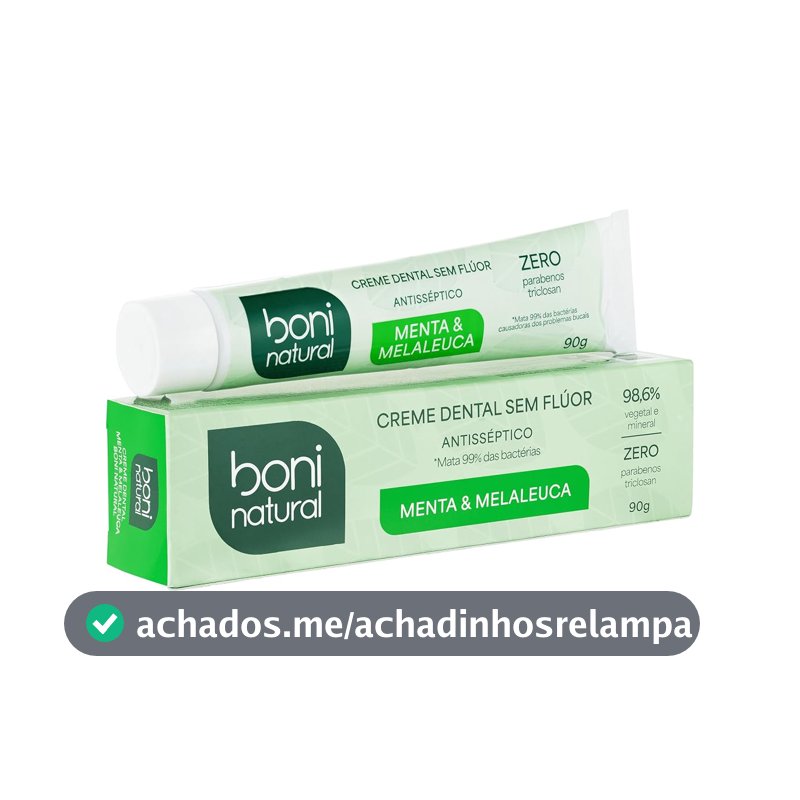 BONI NATURAL - Creme Dental com óleos naturais de Menta e Melaleuca Vegano e Natural, Sem Flúor, Sem Triclosan, 90g