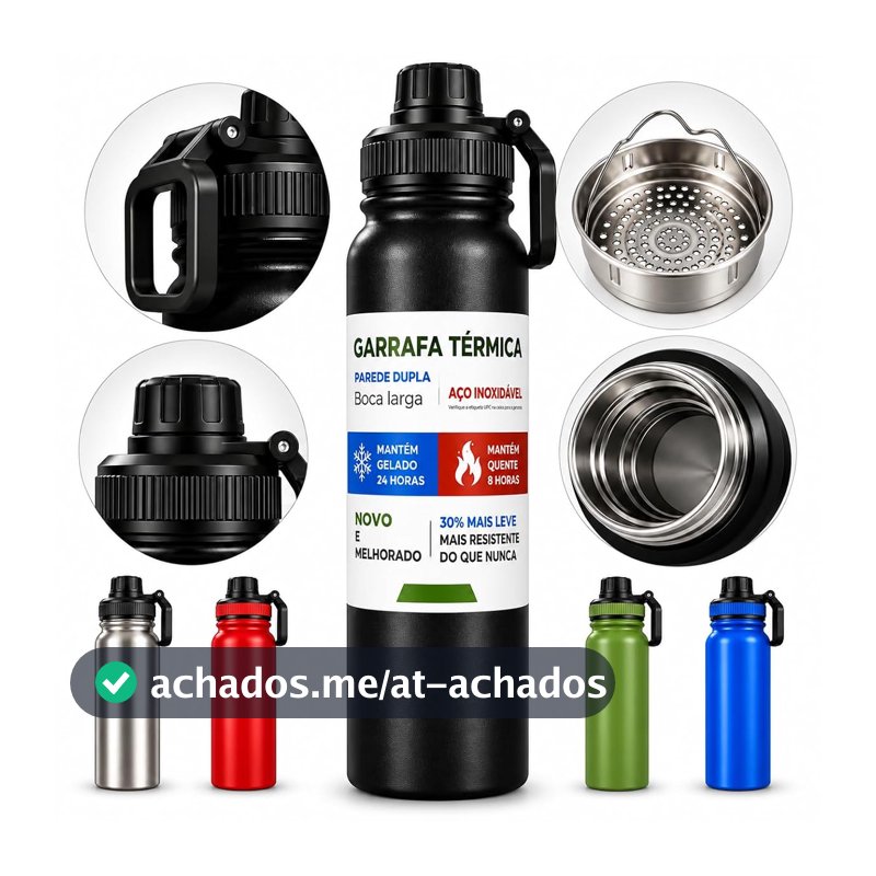 Garrafa Térmica 850ml Isolada a Vácuo Squeeze em Aço Inox 304 com Alça e Bico para Água, Academia, Esporte, Trabalho e Viagens Preta