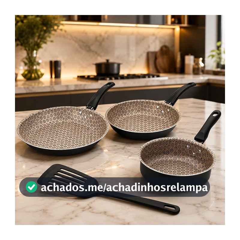 Kit 3 Frigideiras com Espátula, Jogo de Frigideiras 3 Tamanhos com Cabos Ergonômicos, Design Interno Estampado, Conjunto para Cozinha, Preparo de Ovos, Carnes, Legumes e Refeições