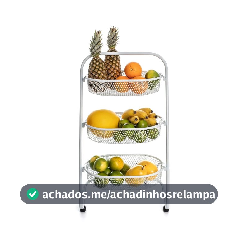 Metaltec Fruteira Chão Cozinha com Rodinhas Reforçada Branca 3 Cestos Aço